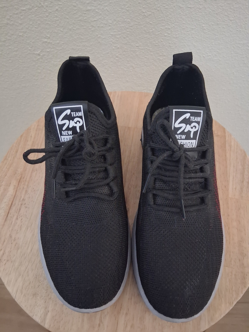 SHEIN Black Knit Lace-Up Athletic Sneakers with Subtle Red Accent